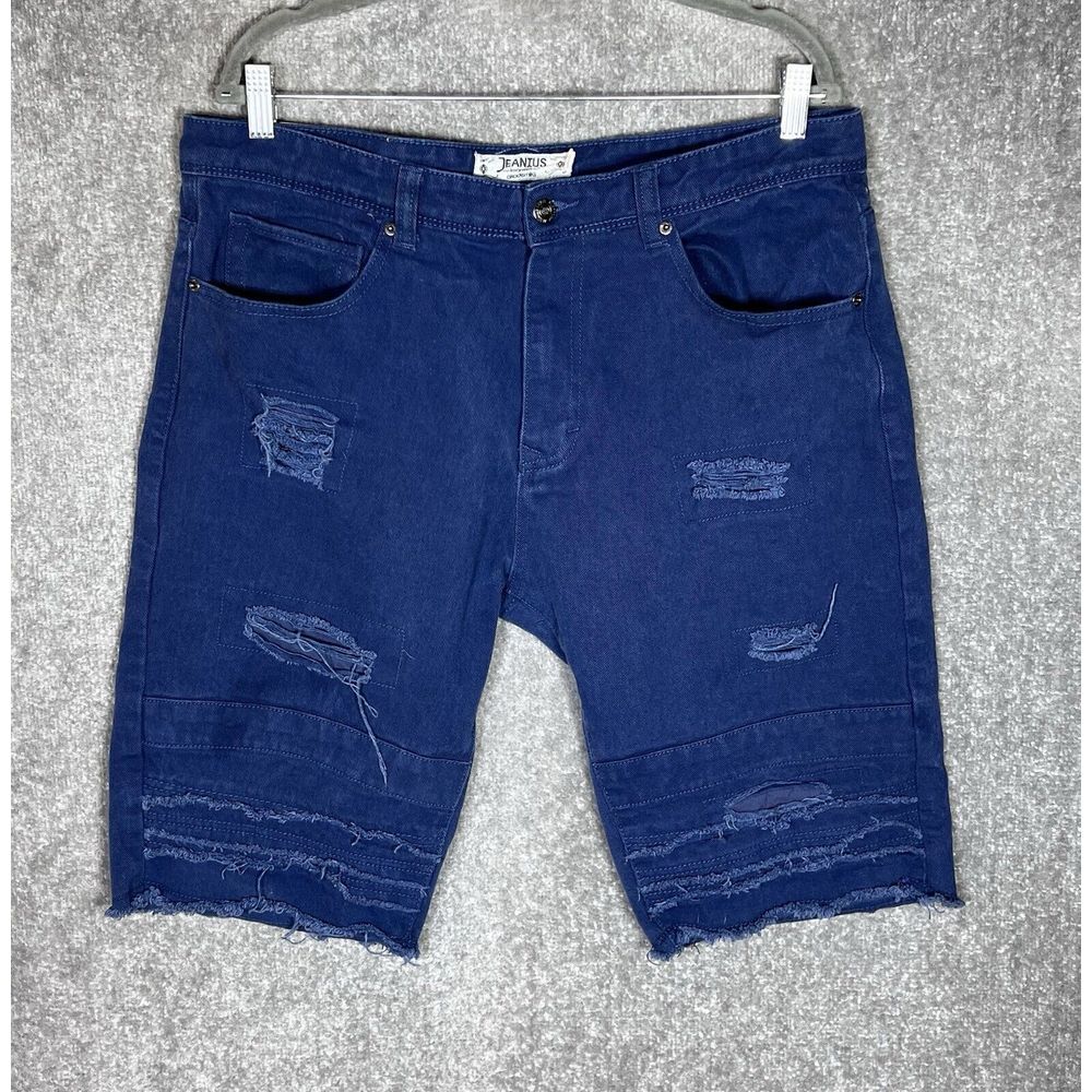 Akademiks Jeanius Distressed Bermuda Denim Shorts Mens Size‎ 36 Blue Raw Hem
